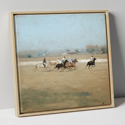 Vintage Polo Charge polo horse canvas wall art in natural frame