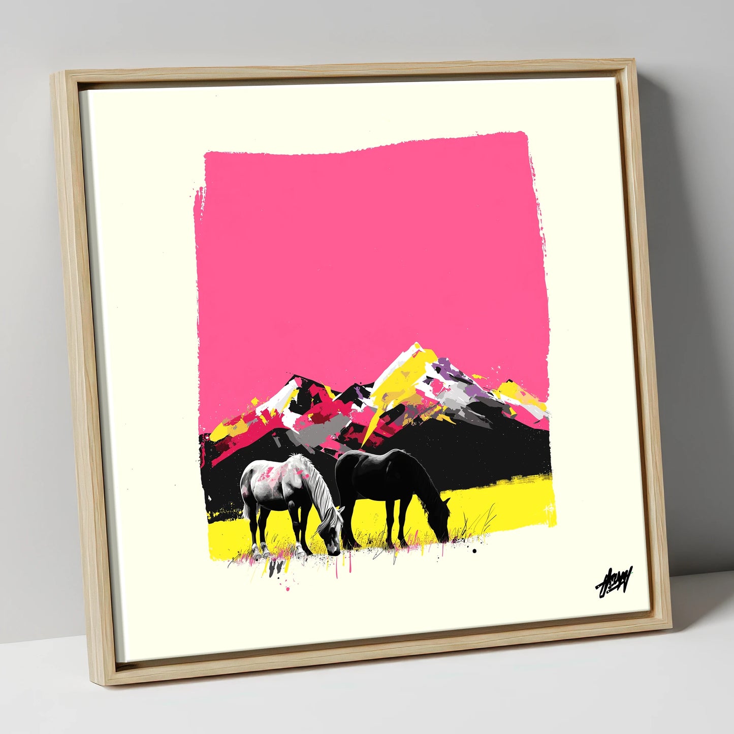 Vibrant Mountain Pastures horse landscape canvas wall art in natural frame