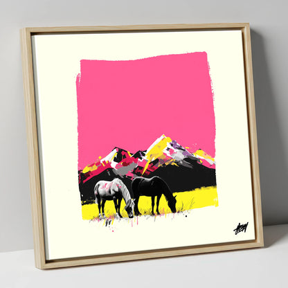 Vibrant Mountain Pastures horse landscape canvas wall art in natural frame