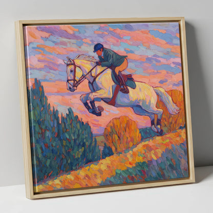Airborne at Dusk show jumping horse canvas wall art in natural frame