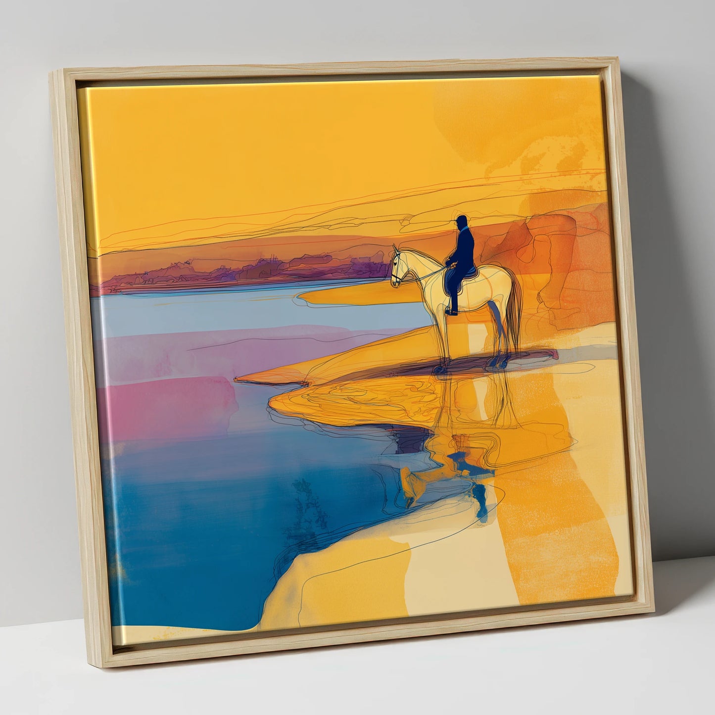 Golden Tide Silhouette beach horse canvas wall art in natural frame