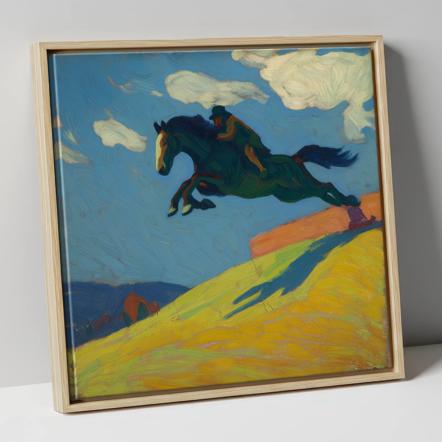 Airborne Splendour show jumping horse canvas wall art in natural frame