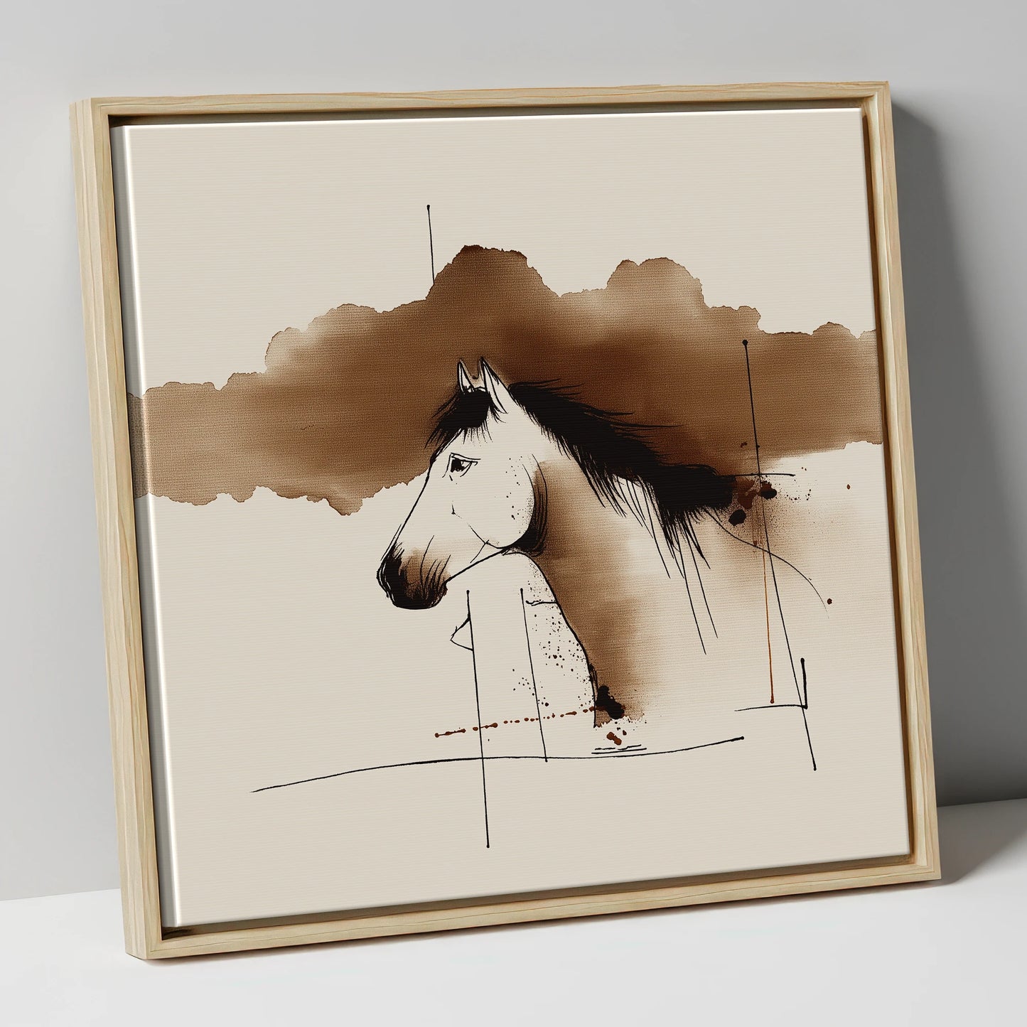 Abstract Sepia Equine Profile horse portrait canvas wall art in natural frame