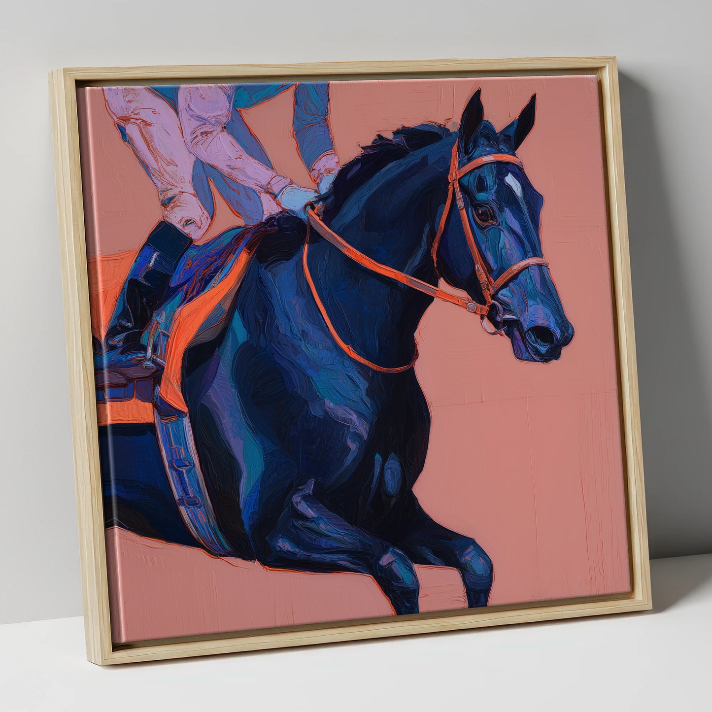Indigo Rush racing horse canvas wall art in natural frame