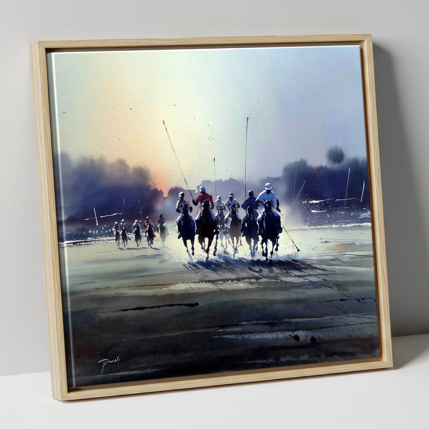 Thundering Polo Charge polo horse canvas wall art in natural frame
