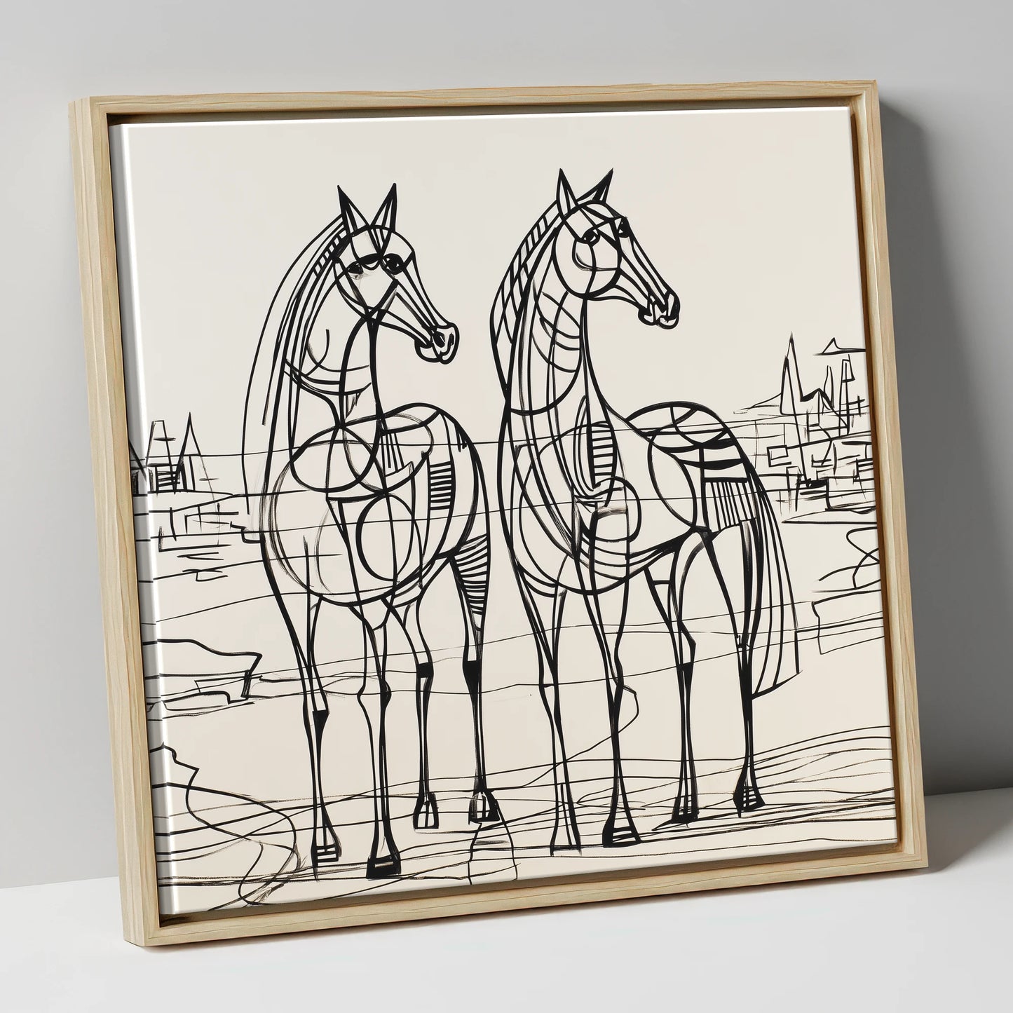 Architectural Equine Duo horse landscape canvas wall art in natural frame