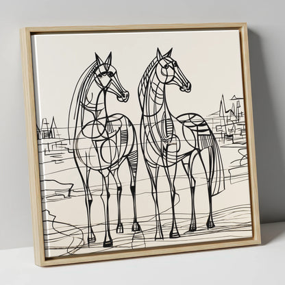 Architectural Equine Duo horse landscape canvas wall art in natural frame