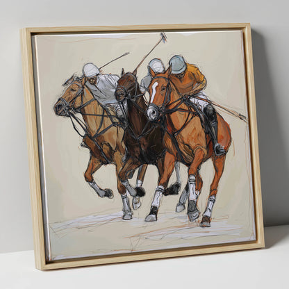 The Midfield Charge polo horse canvas wall art in natural frame