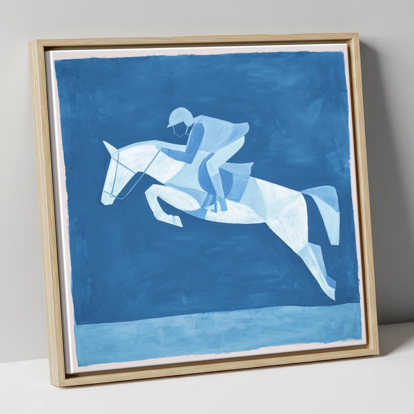 Sapphire Leap show jumping horse canvas wall art in natural frame