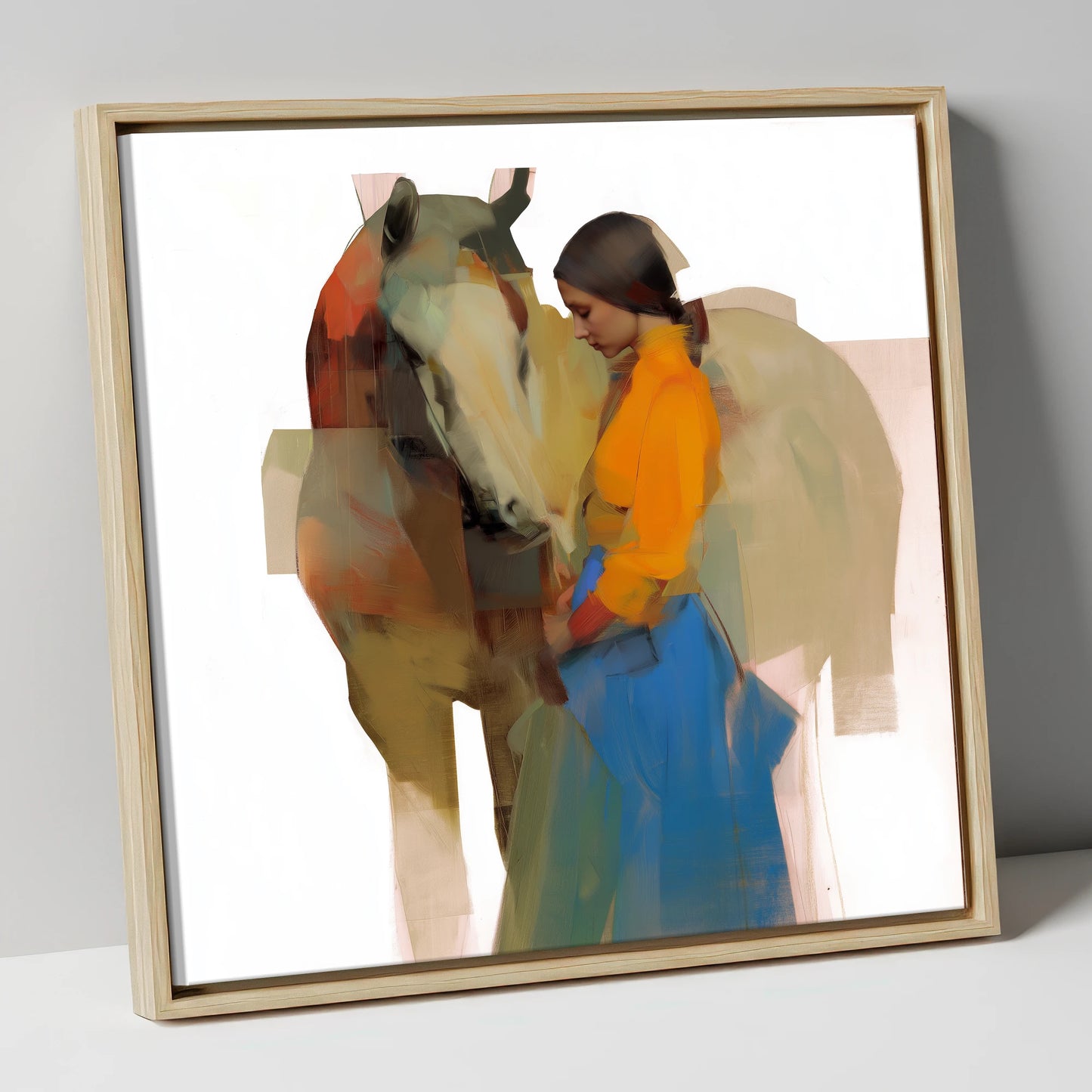 Modern Harmony horse & rider canvas wall art in natural frame