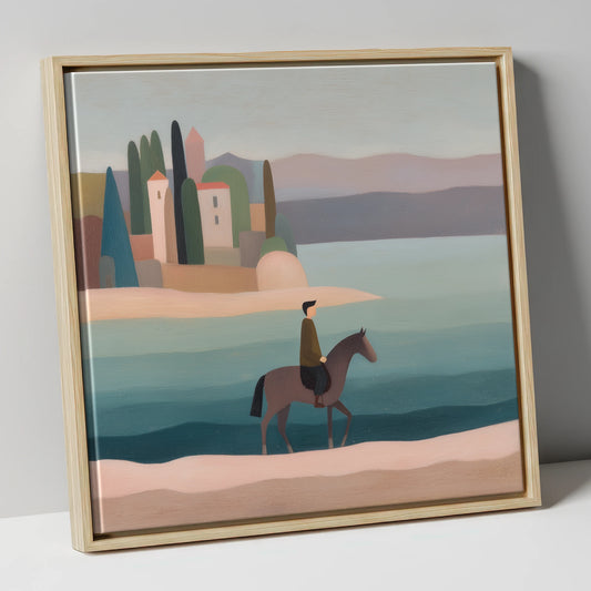 Coastal Village Horse and Rider beach horse canvas wall art in natural frame