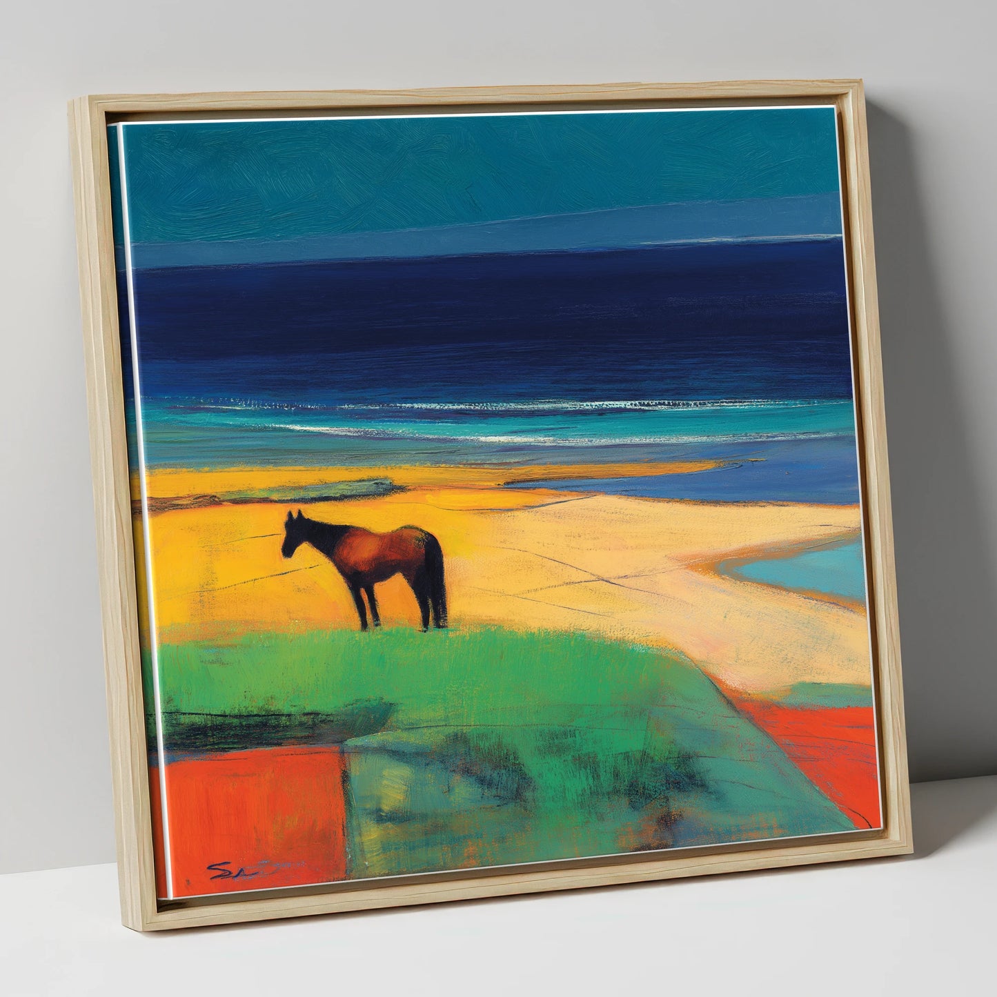 Vibrant Coastal Solitude horse landscape canvas wall art in natural frame