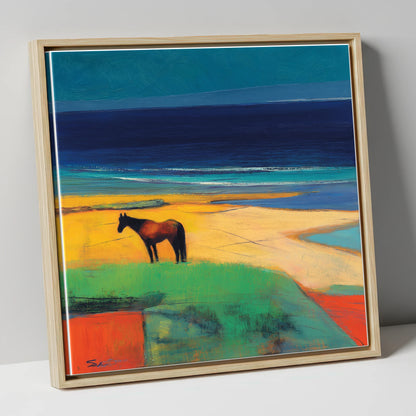 Vibrant Coastal Solitude horse landscape canvas wall art in natural frame