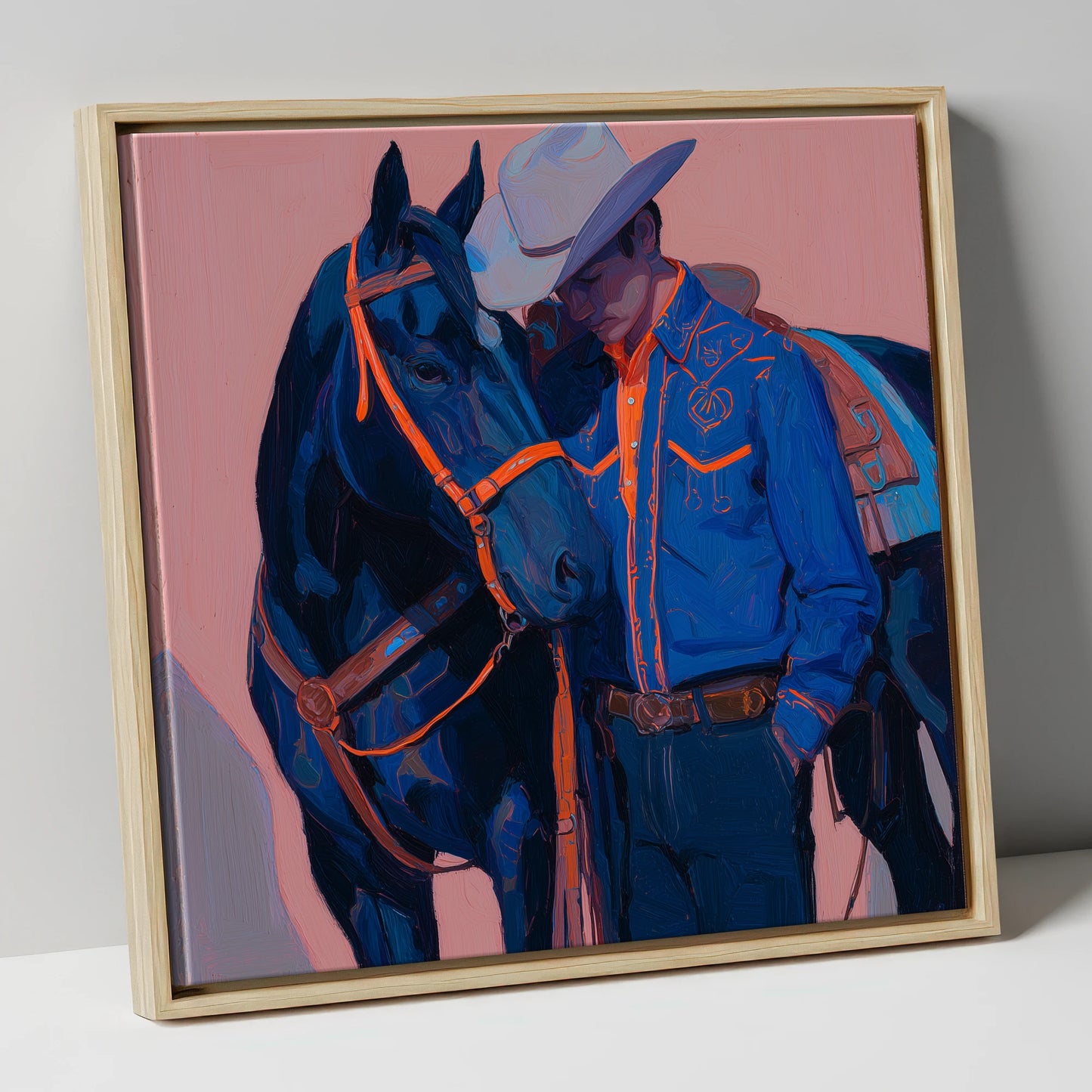Electric Indigo Bond western horse canvas wall art in natural frame