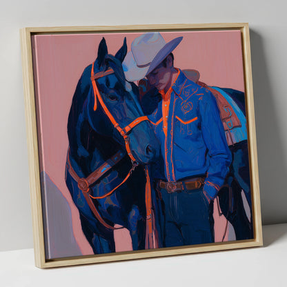 Electric Indigo Bond western horse canvas wall art in natural frame