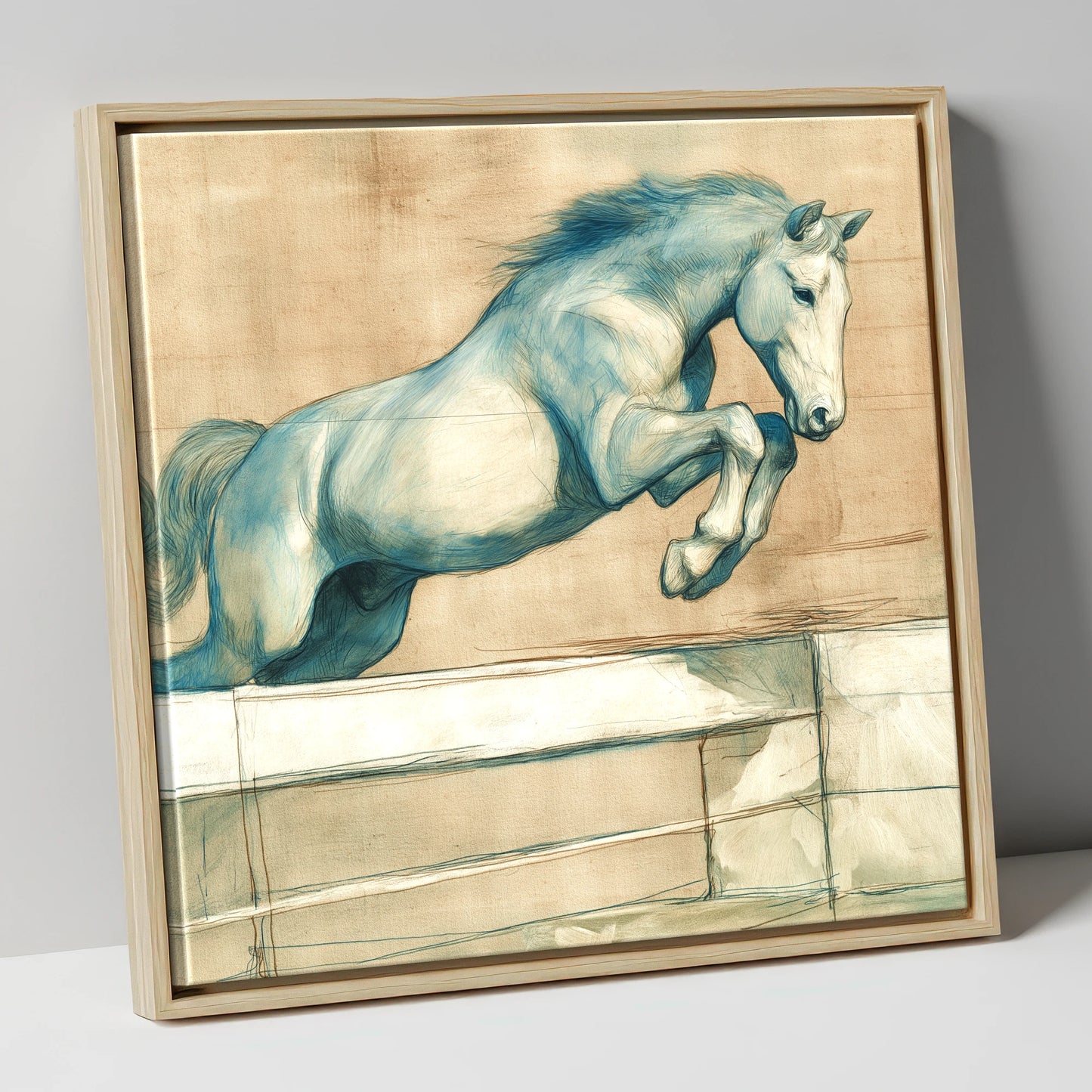 Airborne Grace show jumping horse canvas wall art in natural frame