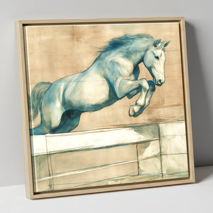 Airborne Grace show jumping horse canvas wall art in natural frame