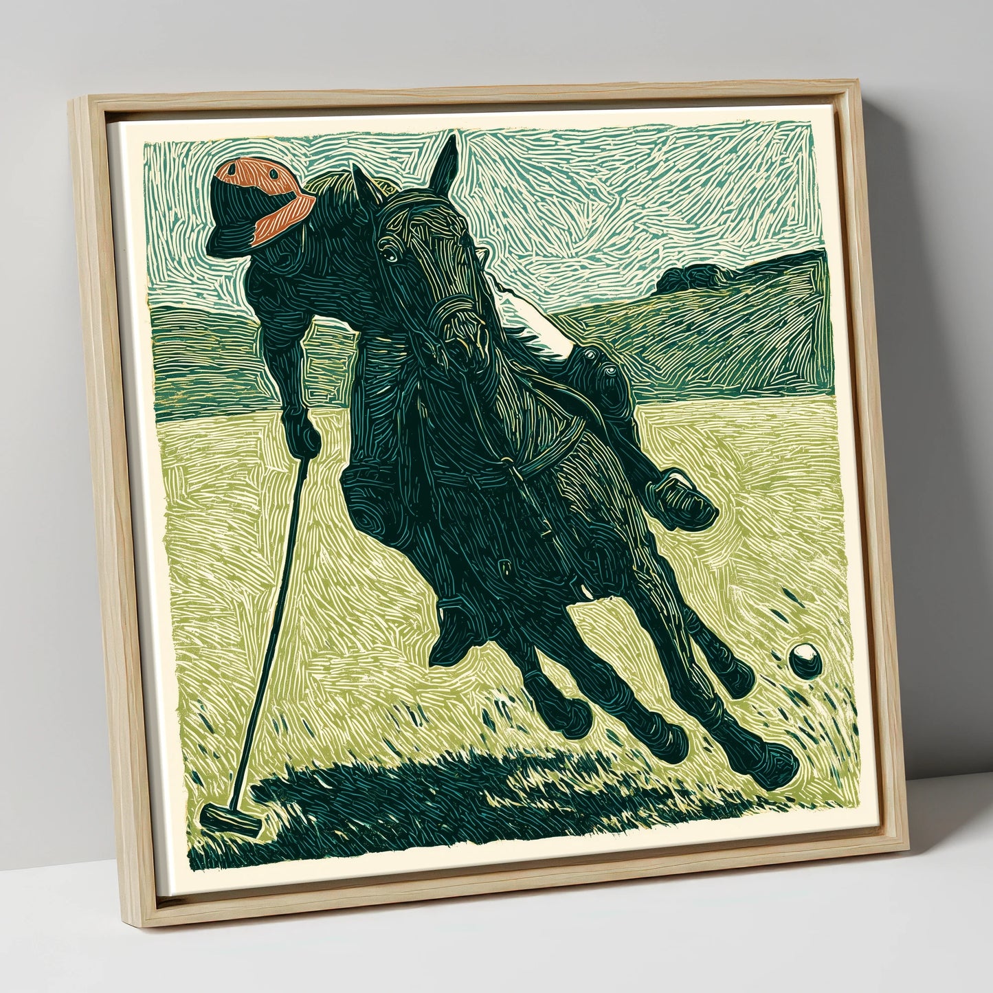 Dynamic Polo Strike polo horse canvas wall art in natural frame