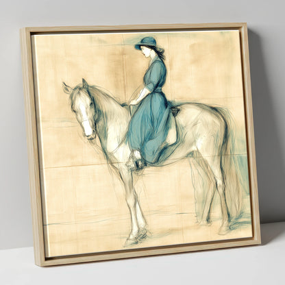 The Lady in Teal horse & rider canvas wall art in natural frame