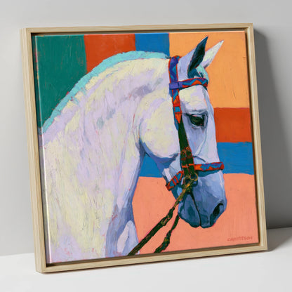 Grey Horse With Patterned Bridle horse breed canvas wall art in natural frame