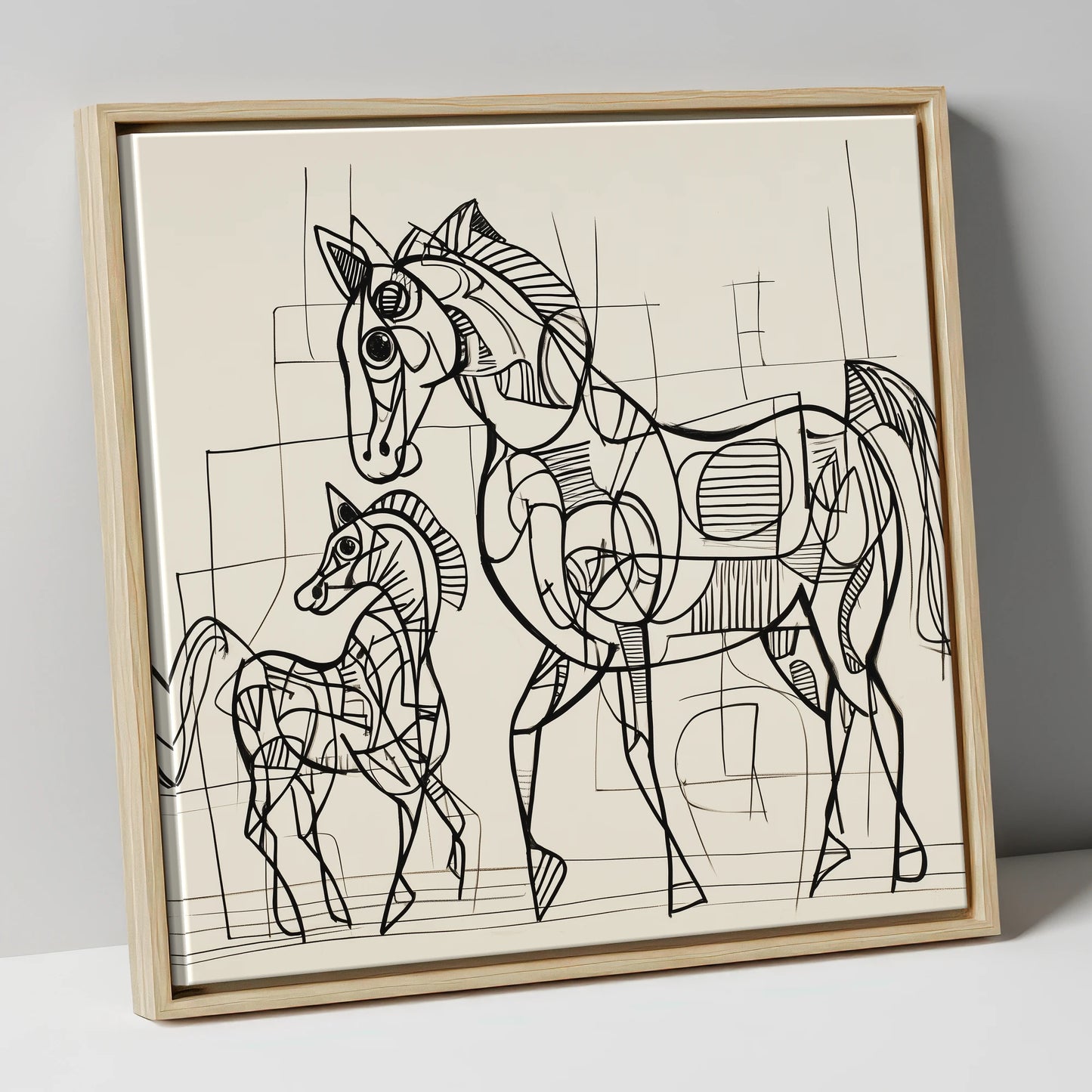 Linear Connection mare & foal canvas wall art in natural frame