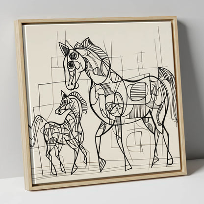 Linear Connection mare & foal canvas wall art in natural frame