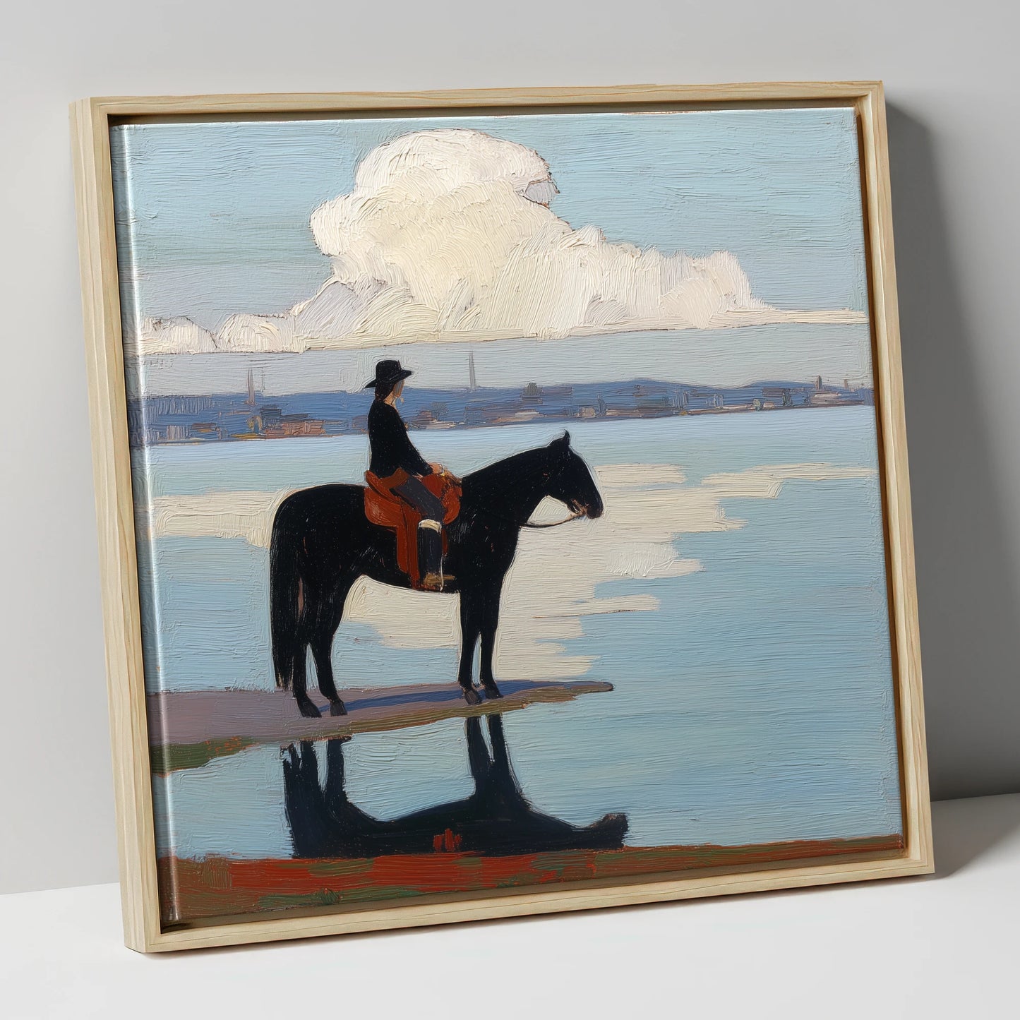 Solitude at the Shore beach horse canvas wall art in natural frame