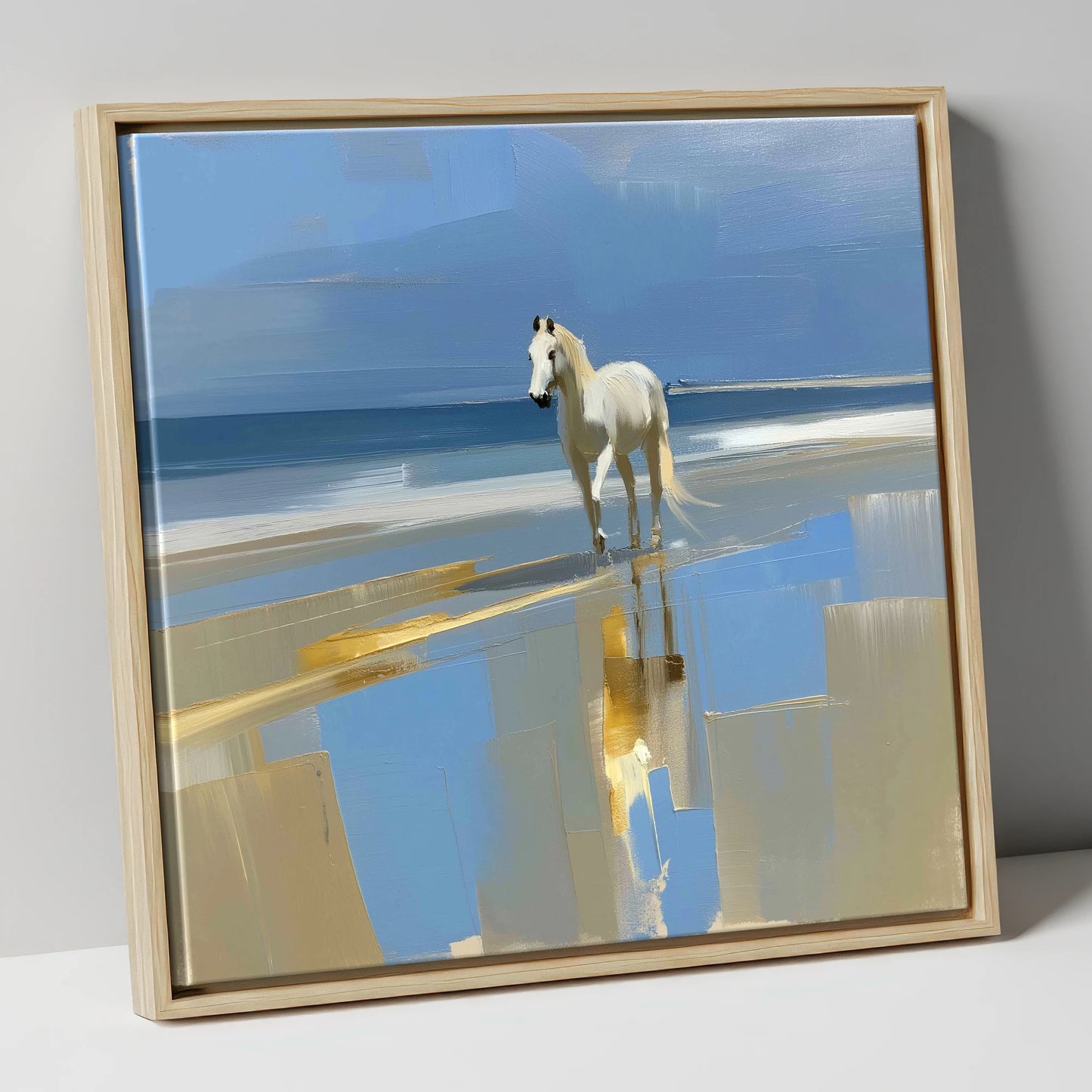 Coastal Reflection horse landscape canvas wall art in natural frame