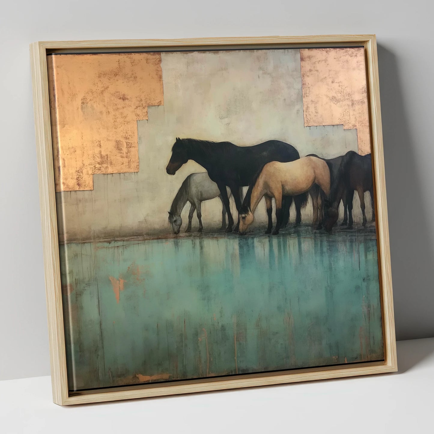 Gilded Equine Reflections wild horses canvas wall art in natural frame