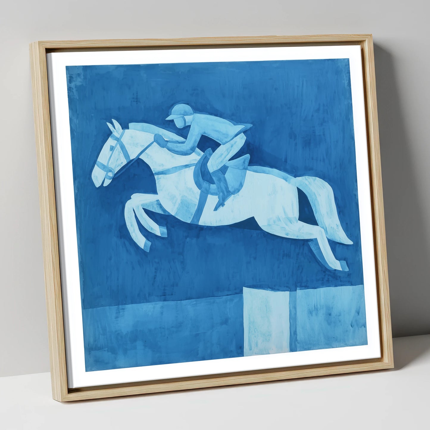 Azure Clear Round show jumping horse canvas wall art in natural frame