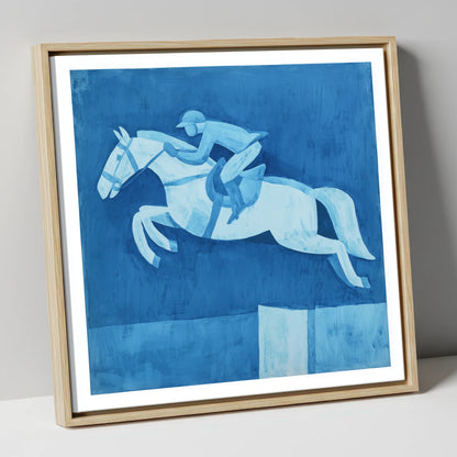 Azure Clear Round show jumping horse canvas wall art in natural frame