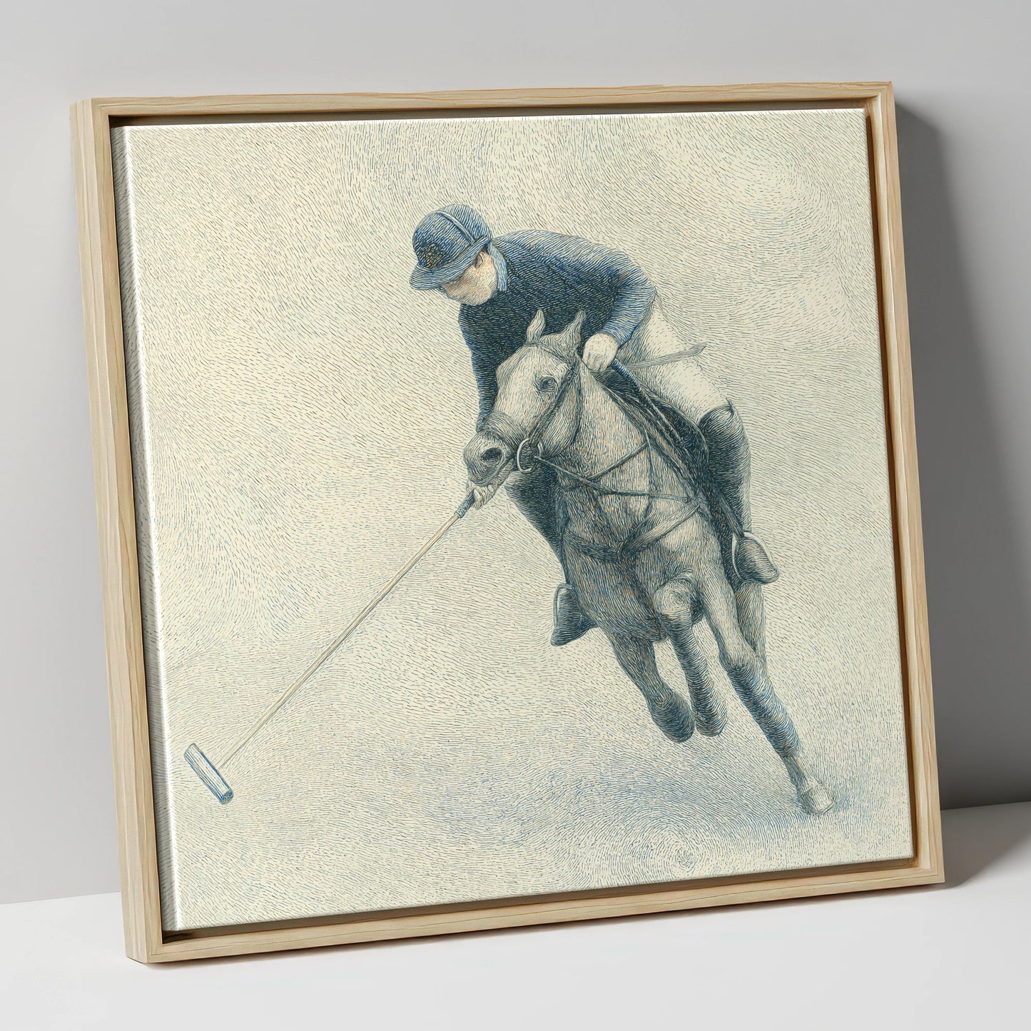 The Polo Stroke polo horse canvas wall art in natural frame