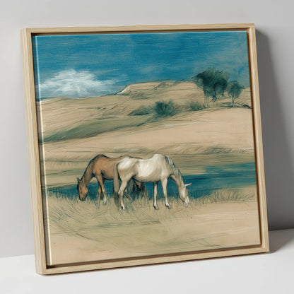 Quiet Companions horse landscape canvas wall art in natural frame