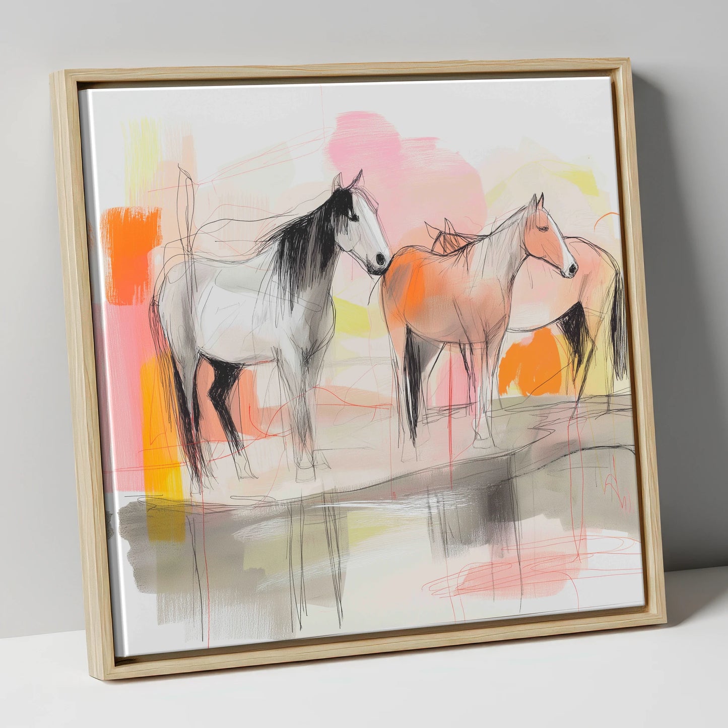 Sunset Harmony on the Plains wild horses canvas wall art in natural frame