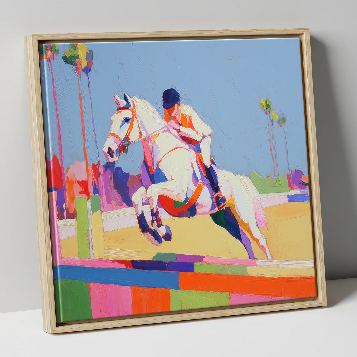 Technicolour Takeoff show jumping horse canvas wall art in natural frame