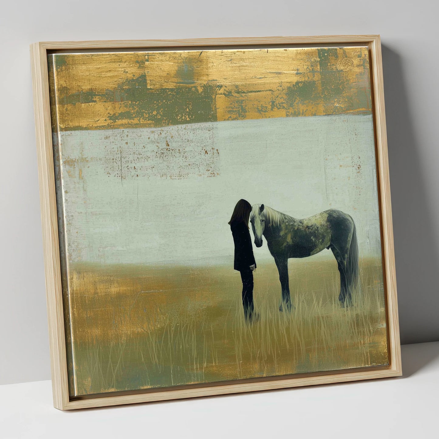 Silent Understanding horse & rider canvas wall art in natural frame