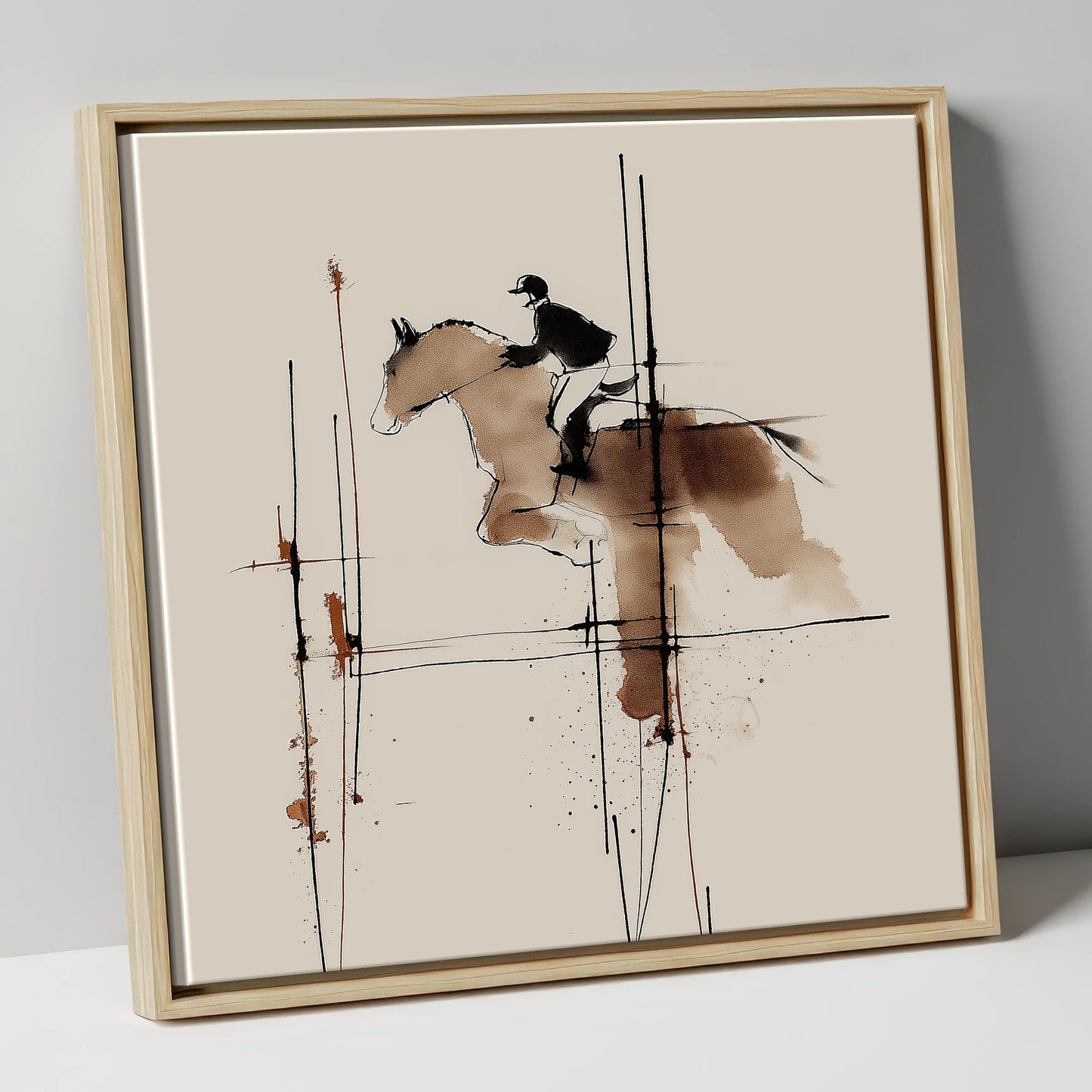 The Instant of Ascent show jumping horse canvas wall art in natural frame