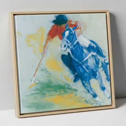 Cerulean Polo Strike polo horse canvas wall art in natural frame
