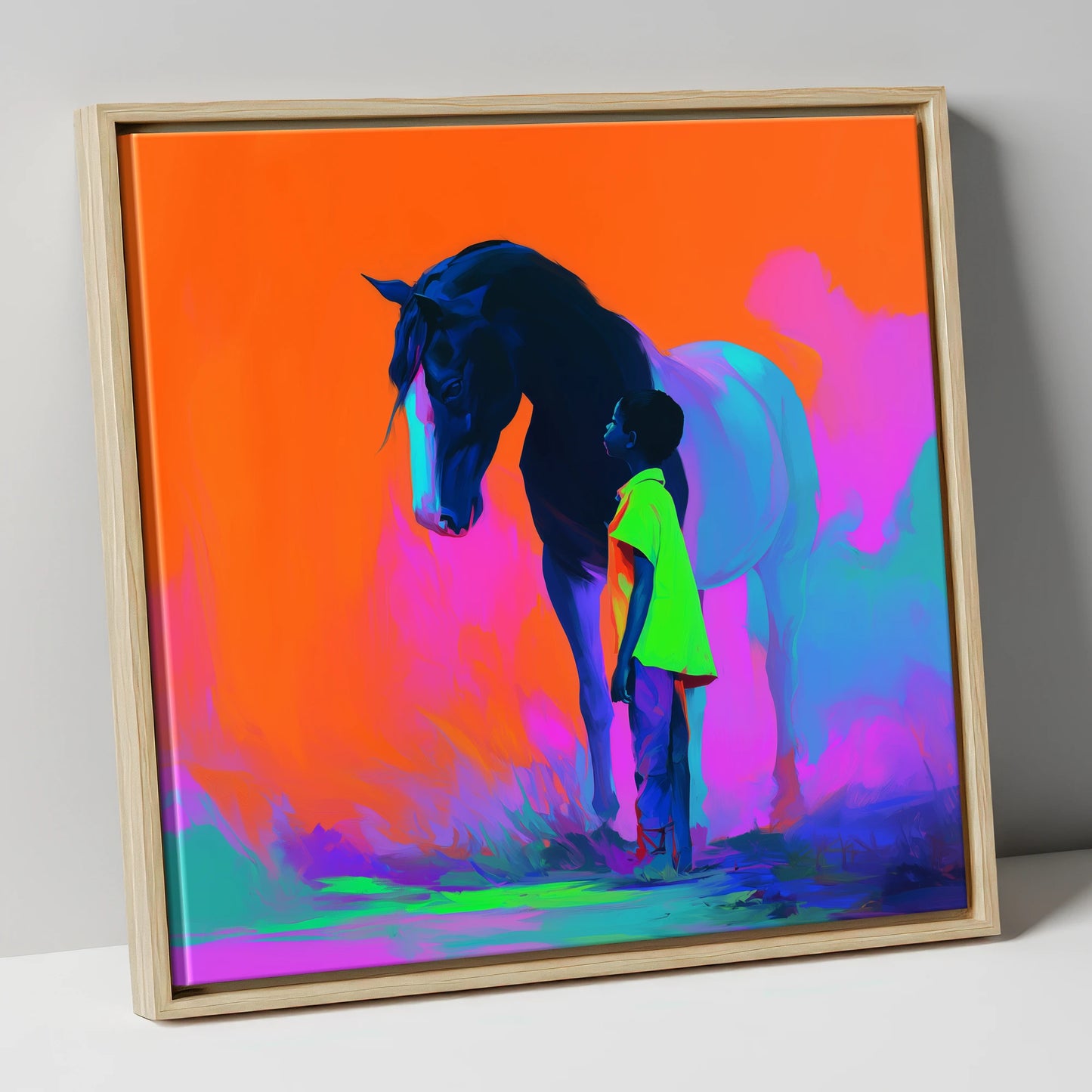 Electric Bond horse & rider canvas wall art in natural frame