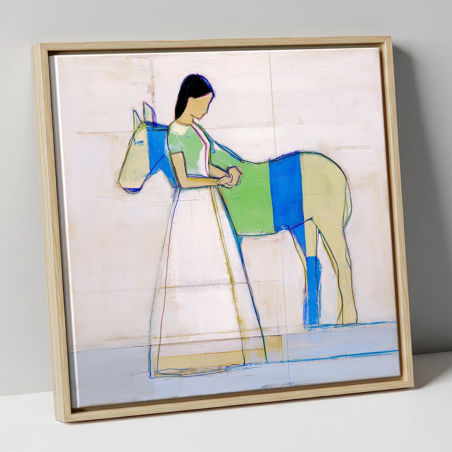Quiet Blue Bond horse & rider canvas wall art in natural frame