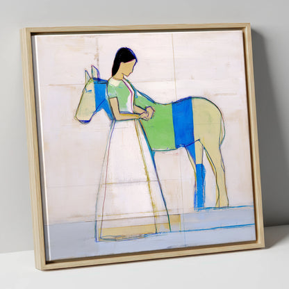 Quiet Blue Bond horse & rider canvas wall art in natural frame