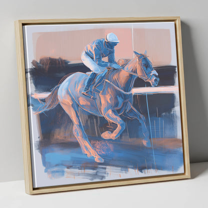 Cobalt Stride racing horse canvas wall art in natural frame