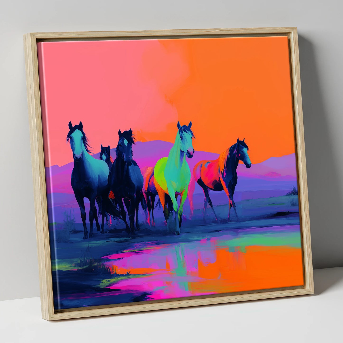 Electric Horizons wild horses canvas wall art in natural frame