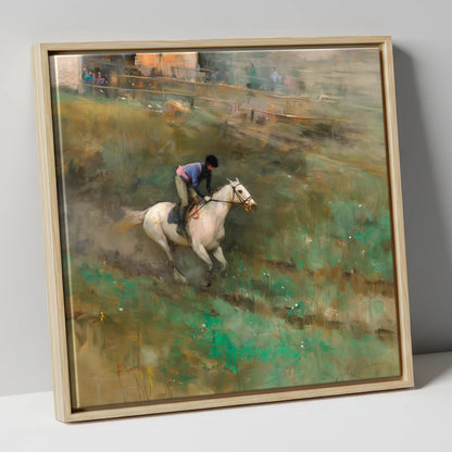 Through the Morning Mist racing horse canvas wall art in natural frame