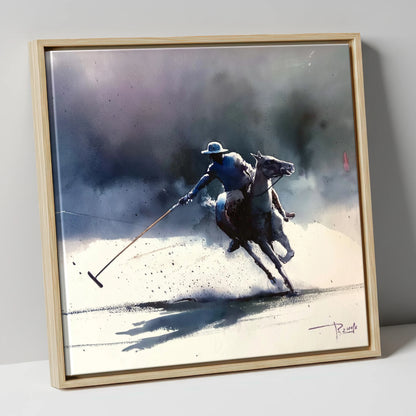 The Decisive Strike polo horse canvas wall art in natural frame