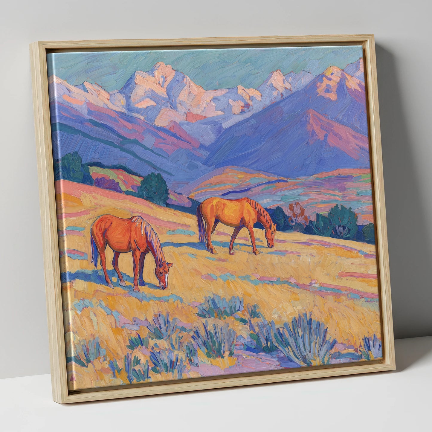 Grazing Beneath Violet Peaks horse landscape canvas wall art in natural frame
