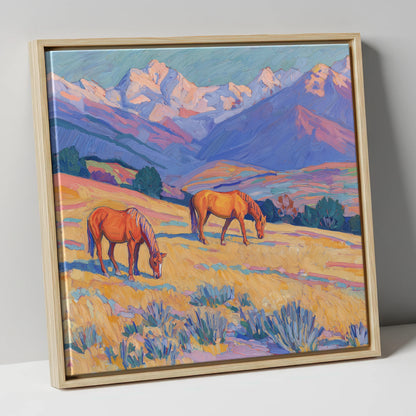 Grazing Beneath Violet Peaks horse landscape canvas wall art in natural frame