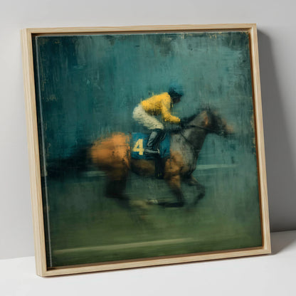 Velocity in Yellow racing horse canvas wall art in natural frame