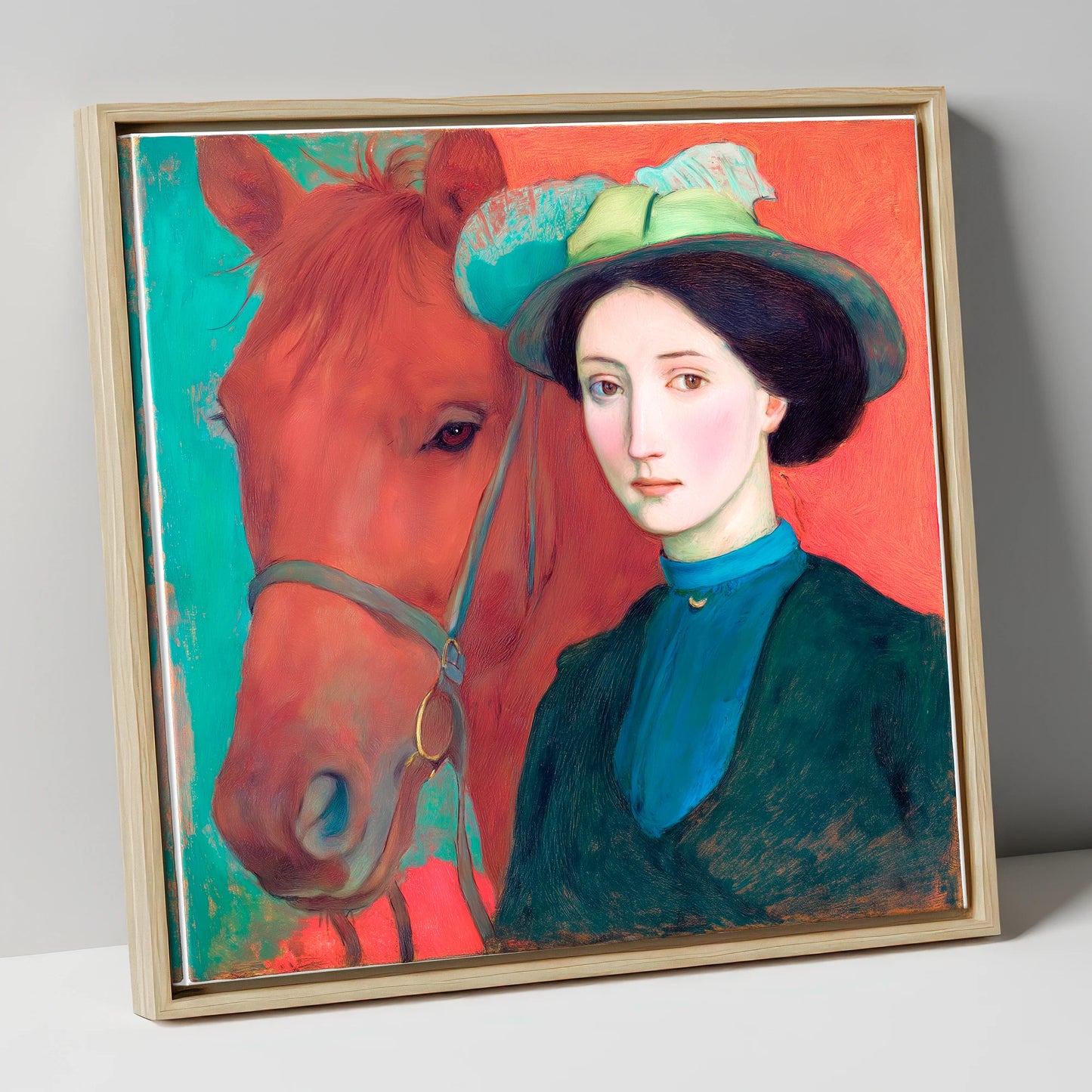 Crimson and Teal Bond horse & rider canvas wall art in natural frame