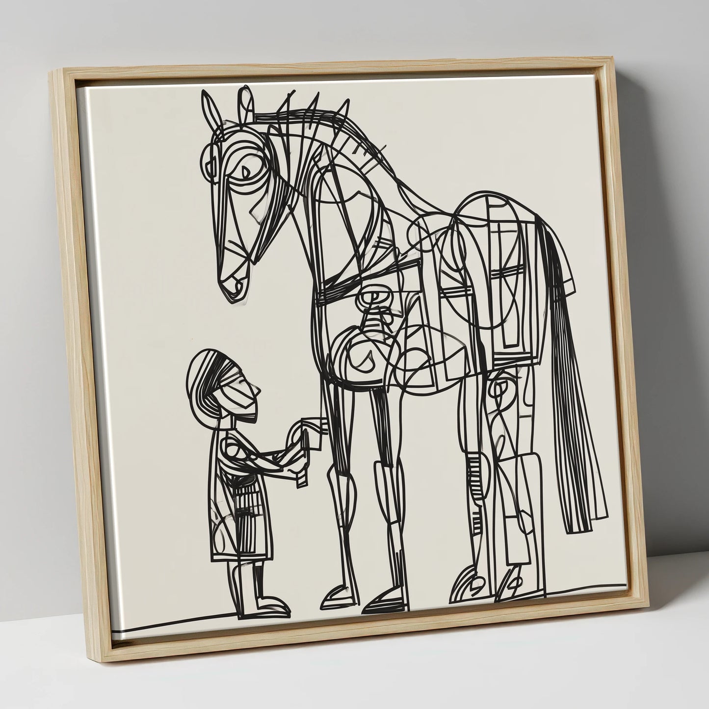 Linear Harmony horse & rider canvas wall art in natural frame